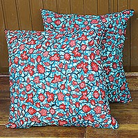 Cotton cushion covers, 'Elegant Vines' (pair) - Leaf Motif Cotton Cushion Covers in Crimson and Teal (Pair)