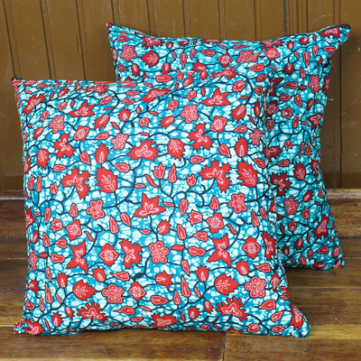 Kissenbezüge aus Baumwolle, (Paar) - Kissenbezüge aus Baumwolle mit Blattmotiv in Purpur und Blaugrün (Paar)