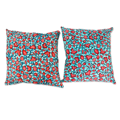Cotton cushion covers, 'Elegant Vines' (pair) - Leaf Motif Cotton Cushion Covers in Crimson and Teal (Pair)
