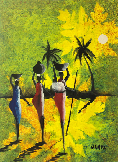 'On Our Way Home' - Original African Painting of Women in Yellow and Green