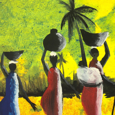 Auf dem Heimweg'. - Original afrikanische Malerei von Frauen in Gelb und Grün