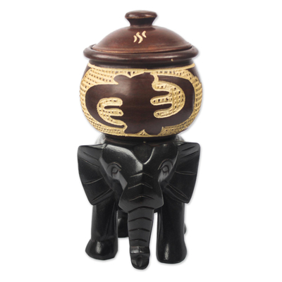 Decorative wood jar, 'Elephant Pot' - Hand Crafted Elephant Decorative Vessel from Ghana
