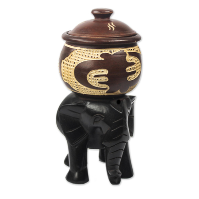 Tarro de madera decorativo - Recipiente decorativo de elefante hecho a mano de Ghana