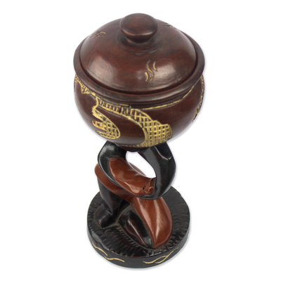 Decorative wood jar, 'Mother' - Decorative Wood Jar from Ghana with Mother and Child