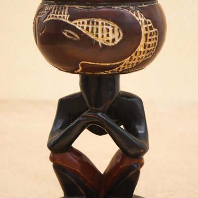 Tarro de madera decorativo - Maceta con tapa de madera africana para el hogar.