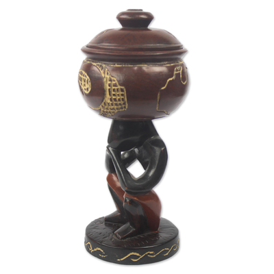 Decorative wood jar, 'It Is Well' - Lidded Pot African Wood Home Accent