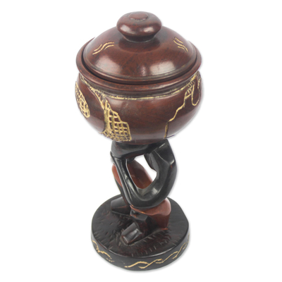 Decorative wood jar, 'It Is Well' - Lidded Pot African Wood Home Accent
