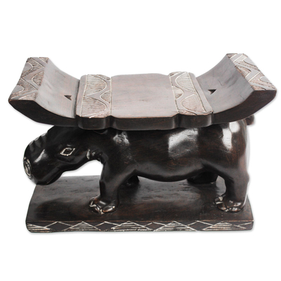 Wood throne ottoman, 'Ashanti Hippopotamus' - West African Animal Theme Throne Ottoman