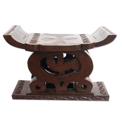 Wood throne ottoman, 'Our Values' - Artisan Crafted West African Adinkra Theme Throne Ottoman