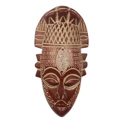 African wood mask, 'Bold Beauty' - Hand-Carved Wood Mask with Aluminum  and Painted Accent