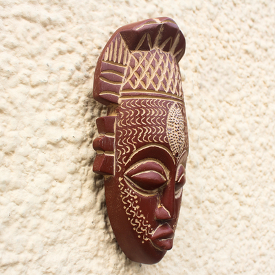 African wood mask, 'Bold Beauty' - Hand-Carved Wood Mask with Aluminum  and Painted Accent