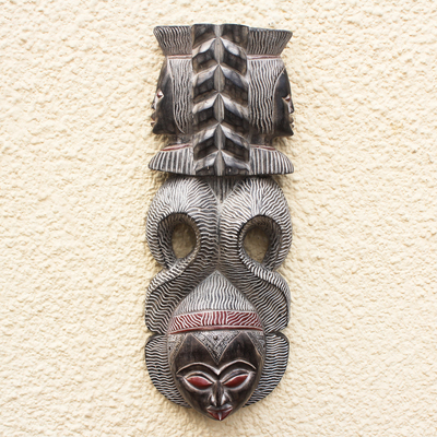African wood mask, 'Precious Queen' - Hand Carved Distressed Wood African Mask