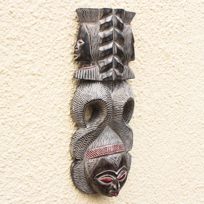 African wood mask, 'Precious Queen' - Hand Carved Distressed Wood African Mask