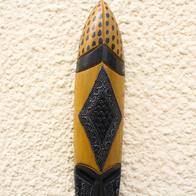 African wood mask, 'Jungle Sovereign' - West African Wood Mask with Textured Aluminum Accents