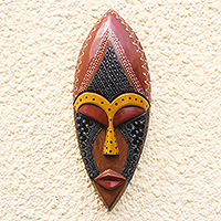 African wood and aluminum mask, 'Face of Favor' - Hand Carved African Mask in Black, Brown and Yellow
