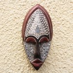 African wood mask, 'Peace Time' - West African Wood Mask with Aluminum Accent Original Design