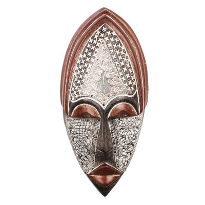 African wood mask, 'Peace Time' - West African Wood Mask with Aluminum Accent Original Design