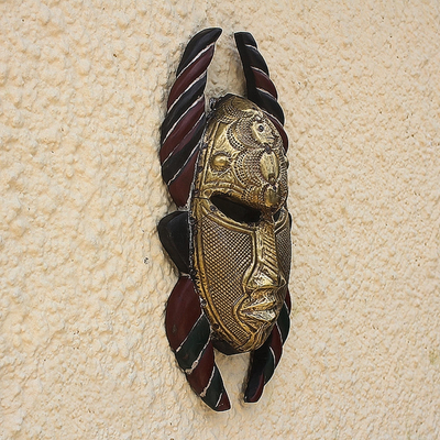 African wood and brass mask, 'Sikakokor' - Embossed Brass and Wood African Mask