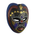 Beaded African wood mask, 'Kande' - African Wood Wall Mask with Brass and Beading