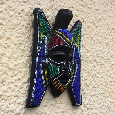 African beaded wood mask, 'Ghanaian Ghost' - Bird Motif Beaded West African Mask