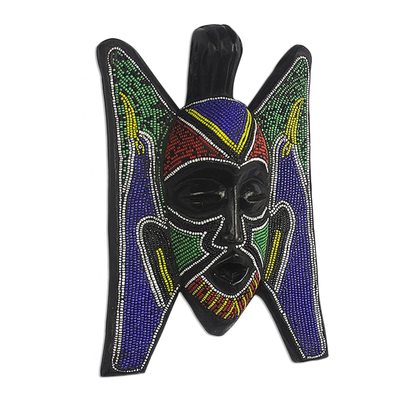 Máscara africana de madera con cuentas - Máscara de África Occidental con cuentas y motivo de pájaro