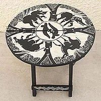 Folding wood accent table, 'To the Watering Hole' - Folding Wood Adinkra Animal Motif Table