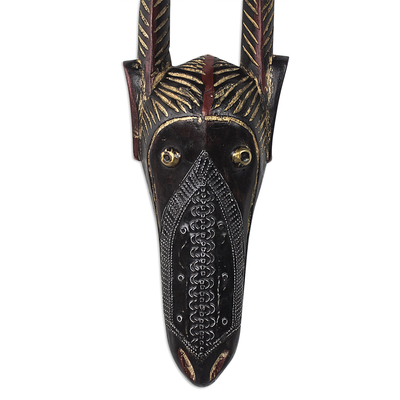 African wood and brass mask, 'Wary Antelope' - Brass and Aluminum Accented Antelope Mask