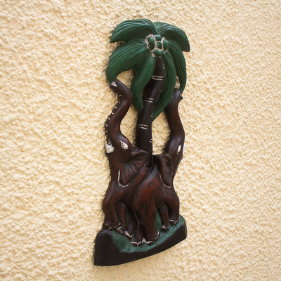 Wood wall accent, 'Elephant Couple' - Hand Carved and Painted Elephant Wall Accent