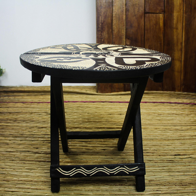 Wood folding table, 'Adinkra Elephant' - Hand Carved Adinkra Symbol Sese Wood Folding Table