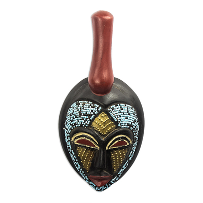 Máscara de madera africana - Máscara de madera africana tallada a mano con detalles en latón y vidrio