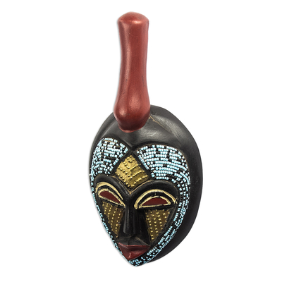 African wood mask, 'Ato' - Hand Carved African Wood Mask with Brass and Glass Accents