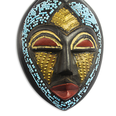 African wood mask, 'Ato' - Hand Carved African Wood Mask with Brass and Glass Accents