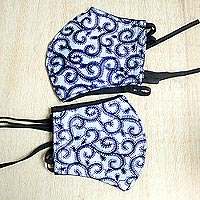 Adult and child family set of cotton face masks, 'Family Time' (pair) - Adult & Child Cotton Face Masks in Blue and White