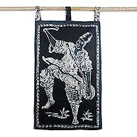 Cotton batik wall hanging, 'Dancer' - Teal and Black Batik Wall Hanging of African Dancer