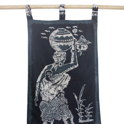 Cotton batik wall hanging, 'Mother and Child' - Black and Green Batik Wall Hanging of Mother and Child