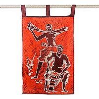Cotton batik wall hanging, 'Tradition' - Orange and Brown Music-Themed Batik Wall Hanging