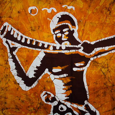 Wandbehang aus Baumwollbatik - Batik-Wandbehang mit Musikmotiv in Orange und Braun