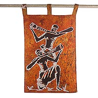 Cotton batik wall hanging, 'Horn Blower II' - Original Batik Cotton Wall Hanging of Horn Blowers