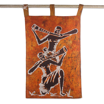 Cotton batik wall hanging, 'Horn Blower II' - Original Batik Cotton Wall Hanging of Horn Blowers