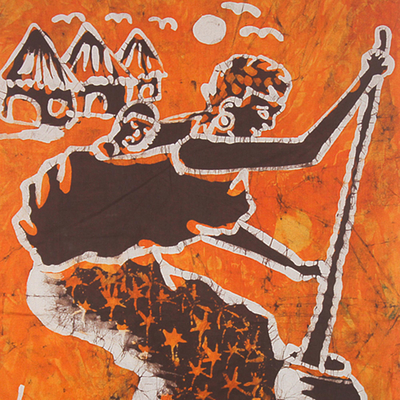 Wandbehang aus Baumwollbatik, 'Sweet Mother III'. - Westafrikanische Mutter-Kind-Szene Wandbehang