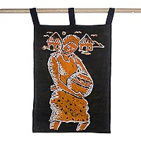 Cotton batik wall hanging, 'A Woman Carrying a Pot' - Unique Wall Hanging from Ghana