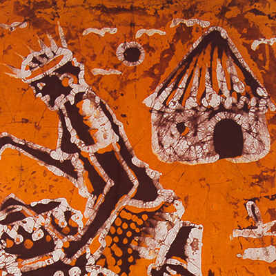 Cotton batik wall hanging, 'Drummers' - Orange Batik Wall Hanging of African Drummers