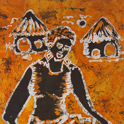 Baumwollbatik-Wandbehang, 'Eine Frau holt Wasser'. - Orangefarbener und brauner Batik-Wandbehang