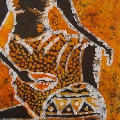 Baumwollbatik-Wandbehang, 'Eine Frau holt Wasser'. - Orangefarbener und brauner Batik-Wandbehang