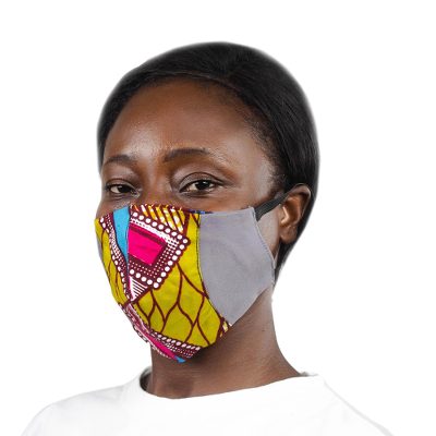 Cotton patchwork face mask, 'Bold Colors' - Grey Ghanaian Cotton Patchwork 2-Layer Ear Loop Face Mask