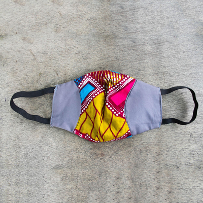 Cotton patchwork face mask, 'Bold Colors' - Grey Ghanaian Cotton Patchwork 2-Layer Ear Loop Face Mask