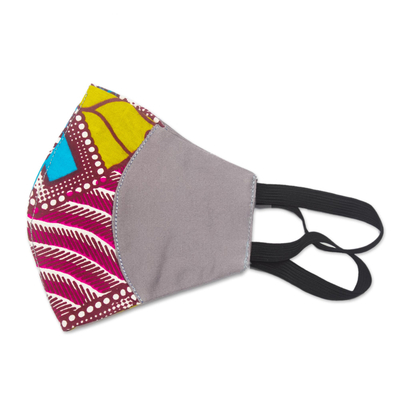 Cotton patchwork face mask, 'Bold Colors' - Grey Ghanaian Cotton Patchwork 2-Layer Ear Loop Face Mask