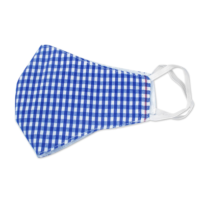Cotton face mask, 'Gingham Blue' - Blue & White Cotton Gingham 2-Layer Elastic Loop Face Mask