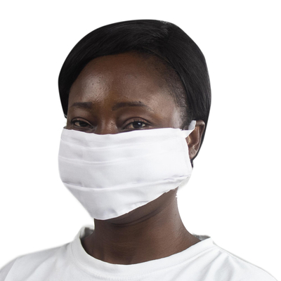 Cotton face mask, 'Long Life' - Pleated White Cotton 2-Layer Elastic Loop Face Mask