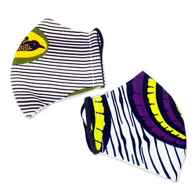 Gesichtsmasken aus Baumwolle, (Paar) - 2 leuchtende 2-lagige Gesichtsmasken mit afrikanischem Baumwolldruck aus Ghana